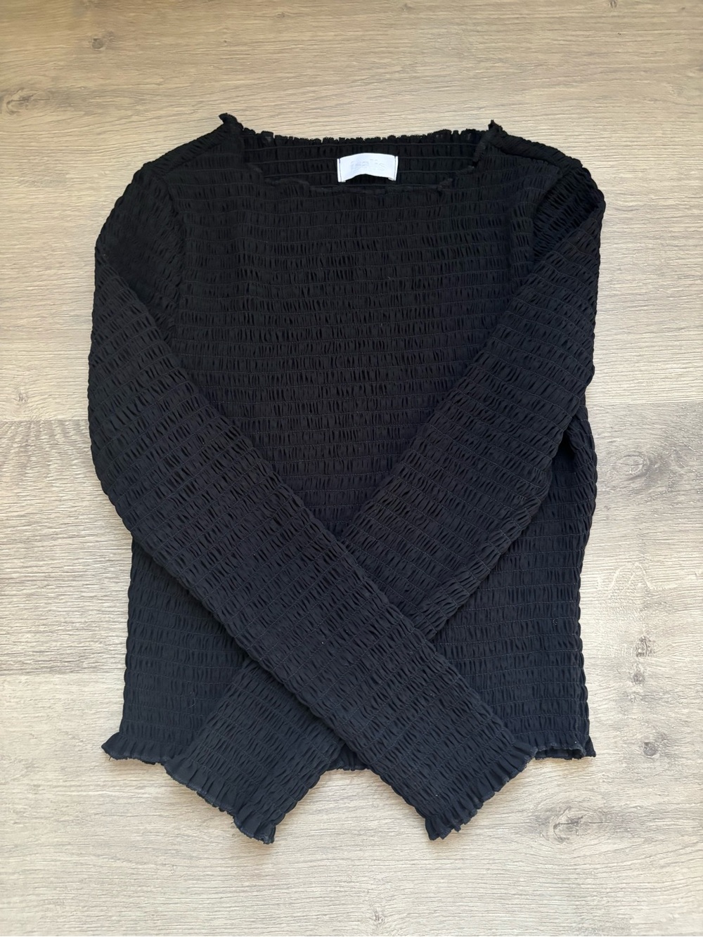 Black Smocked Long-sleeve Top